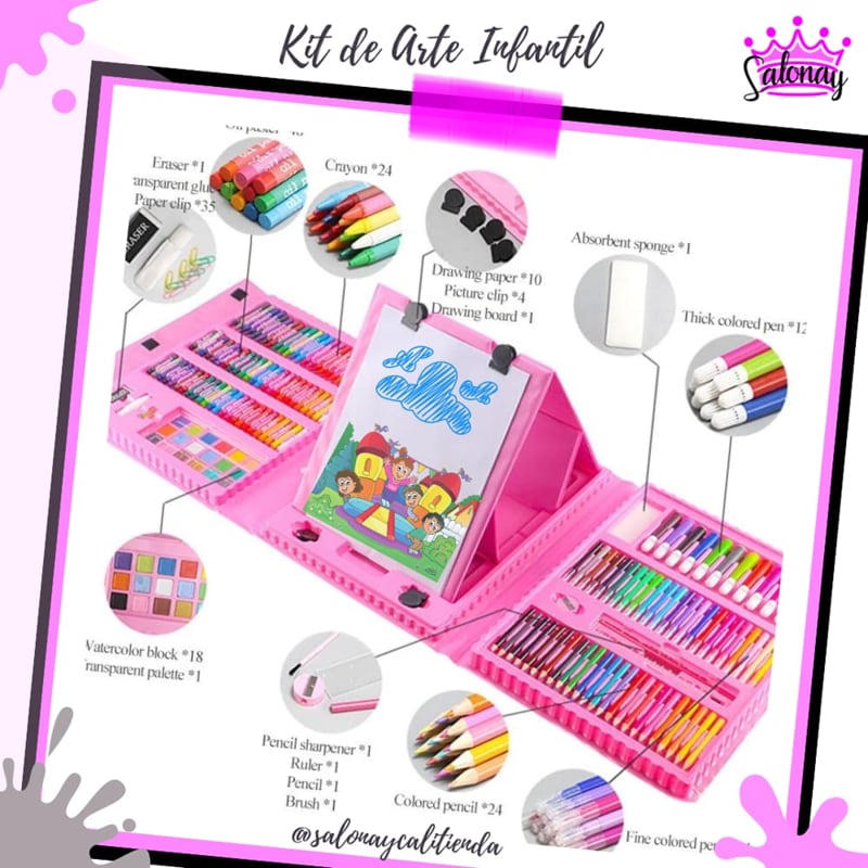KIT DE ARTE INFANTIL 208 PIEZAS MALETA CON CABALLETE