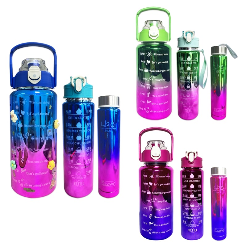 TERMO MOTIVACIONAL X3 CON PINES Y STIKER 2000ML-800ML -300ML