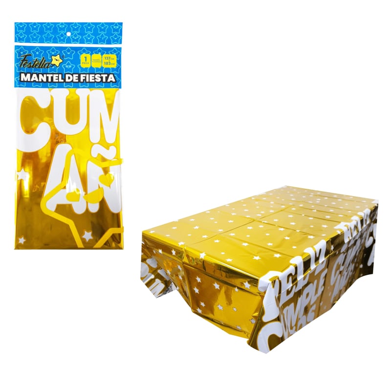 MANTEL FELIZ CUMPLEAÑOS METALIZADO DORADO,