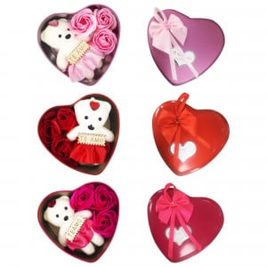 ROSAS CON OSO FELIZ DIA EN CAJA CORAZON METALICA: