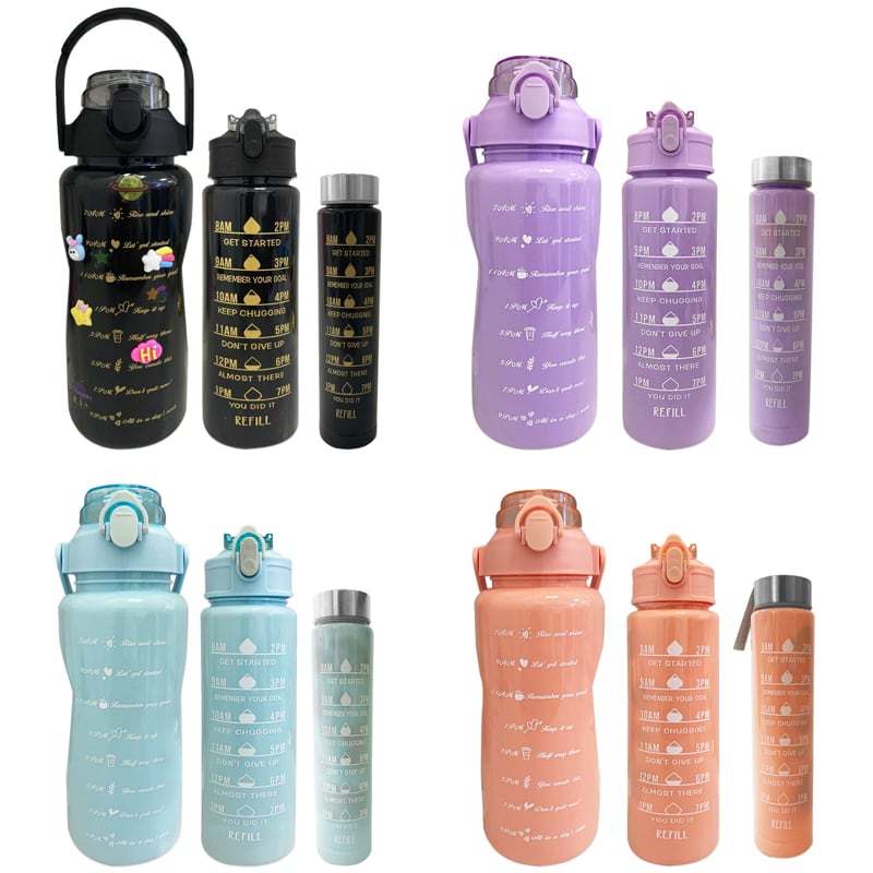 TERMO MOTIVACIONAL UNICOLOR X3 CON PINES Y STIKER 2000ML-900ML-300ML