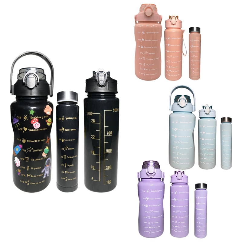 TERMO MOTIVACIONAL UNICOLOR X3 CON PINES Y STIKER 2000ML-900ML-300ML