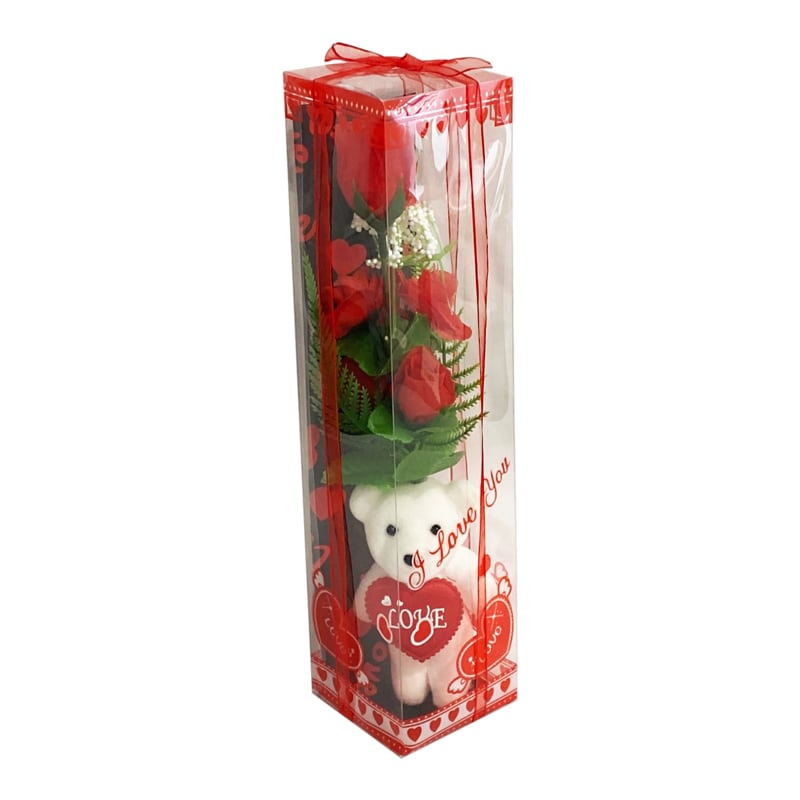 ADORNO ROSAS CON OSO EN CAJA: