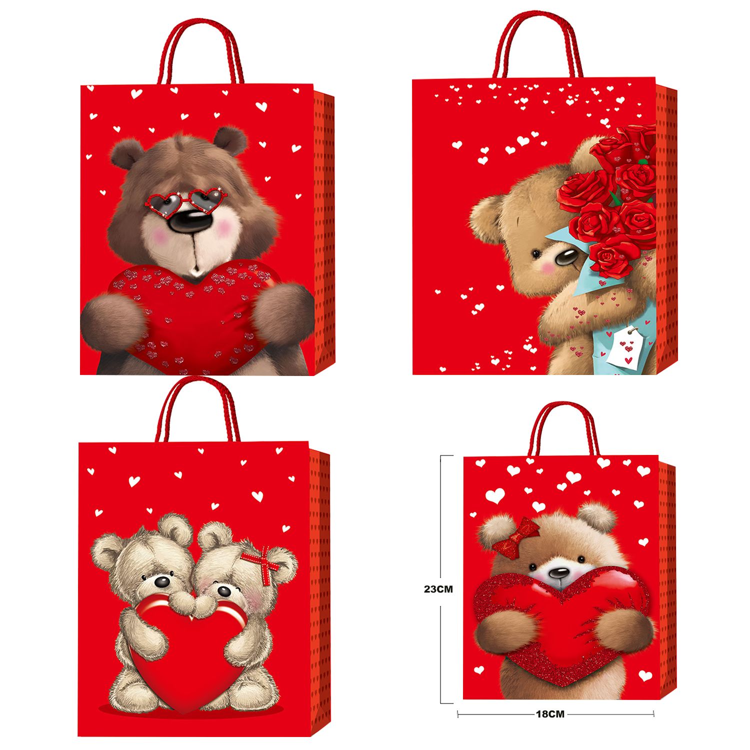 BOLSA REGALO ESCARCHADA OSO CORAZONES 18*23*8CM (PQTX12):