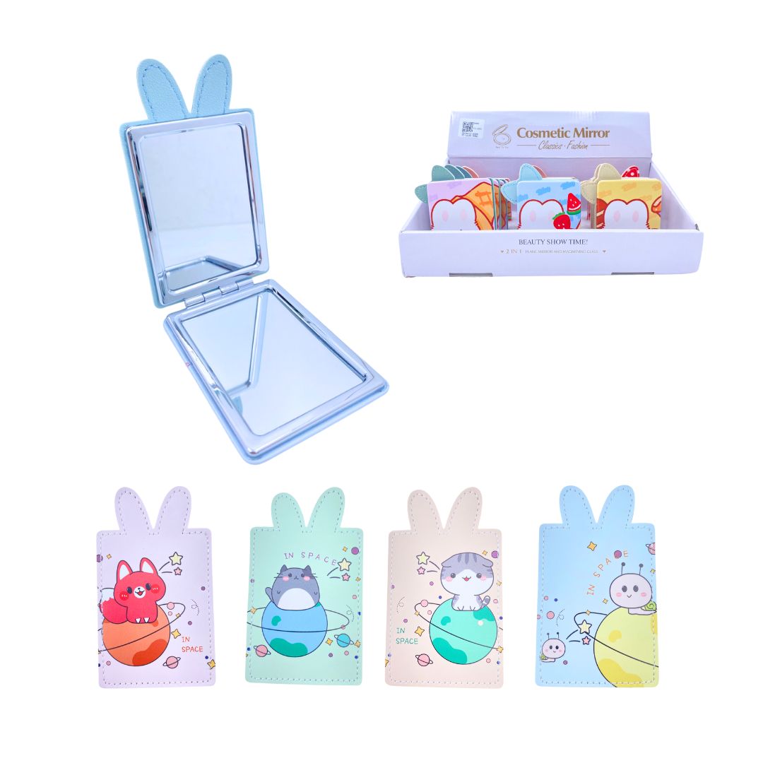 CAJA*12 ESPEJO LUJO DOBLE CARA OREJITAS ESTAMPADO BMR-5461