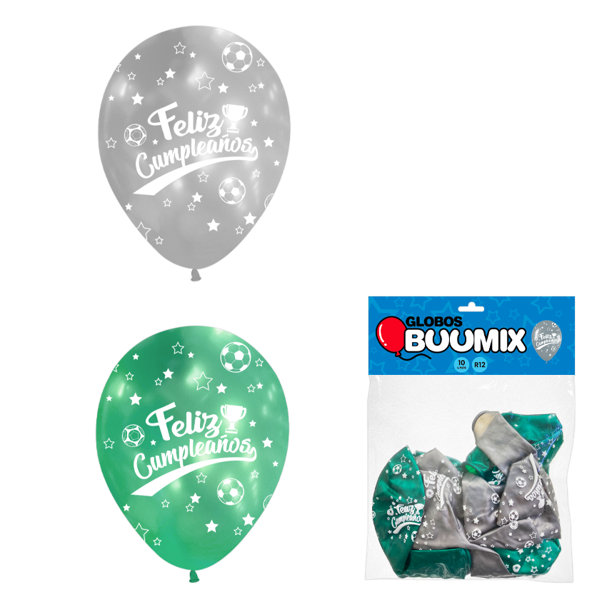 GLOBO DE LATEX FUTBOL FELIZ CUMPLEAÑOS R12X10 V-P (PQTX12)