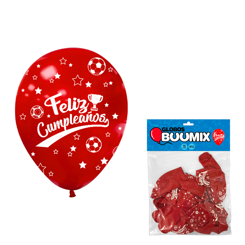 GLOBO DE LATEX FUTBOL FELIZ CUMPLEAÑOS R12X10 ROJO (PQTX12)