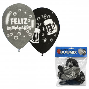 GLOBO DE LATEX CERVEZA FELIZ CUMPLEAÑOS R12X10 P-N (PQTX12)