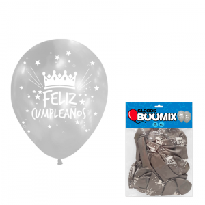 GLOBO DE LATEX CORONA FELIZ CUMPLEAÑOS R12X10 PLATEADO (PQTX12)