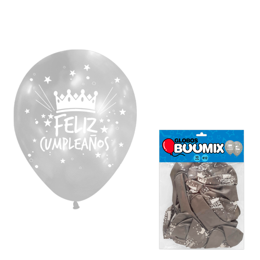 GLOBO DE LATEX CORONA FELIZ CUMPLEAÑOS R12X10 PLATEADO (PQTX12)