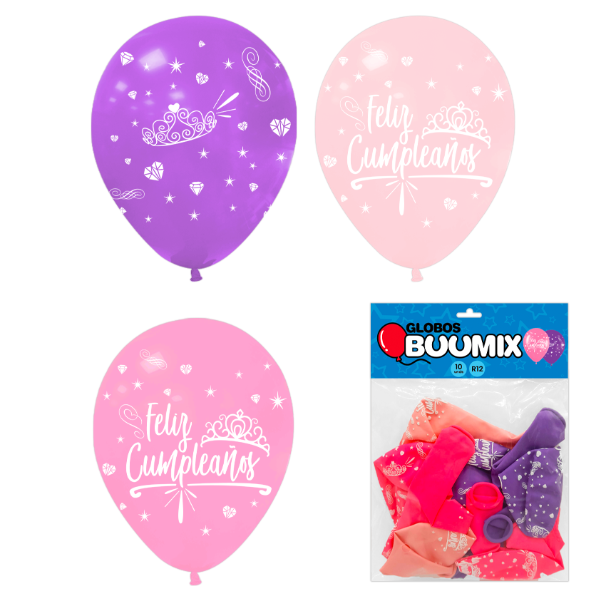 GLOBO DE LATEX CORONA FELIZ CUMPLEAÑOS R12X10 RO-FO-M (PQTX12)