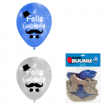 GLOBO DE LATEX BIGOTE FELIZ CUMPLEAÑOS R12X10 A-P (PQTX12)