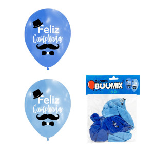 GLOBO DE LATEX BIGOTE FELIZ CUMPLEAÑOS R12X10 AC-A (PQTX12)