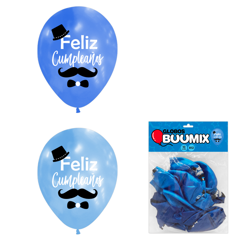 GLOBO DE LATEX BIGOTE FELIZ CUMPLEAÑOS R12X10 AC-A (PQTX12)