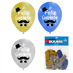 GLOBO DE LATEX BIGOTE FELIZ CUMPLEAÑOS R12X10 D-P-A (PQTX12)