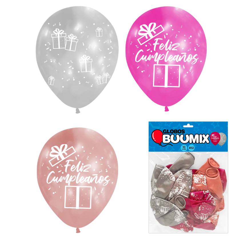 GLOBO DE LATEX REGALO FELIZ CUMPLEAÑOS R12X10 FO-PR-P (PQTX12)
