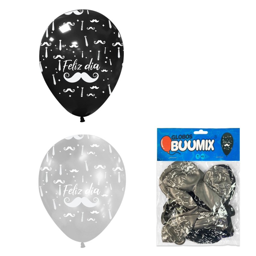 GLOBO DE LATEX BIGOTE FELIZ DIA R12X10 N-P (PQTX12).