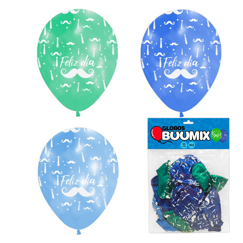 GLOBO DE LATEX BIGOTE FELIZ DIA R12X10 N-P (PQTX12).