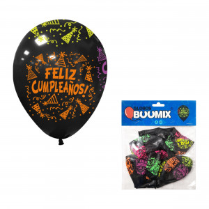GLOBO DE LATEX FELIZ CUMPLEAÑOS NEGRO NEON R12X10 (PQTX12)