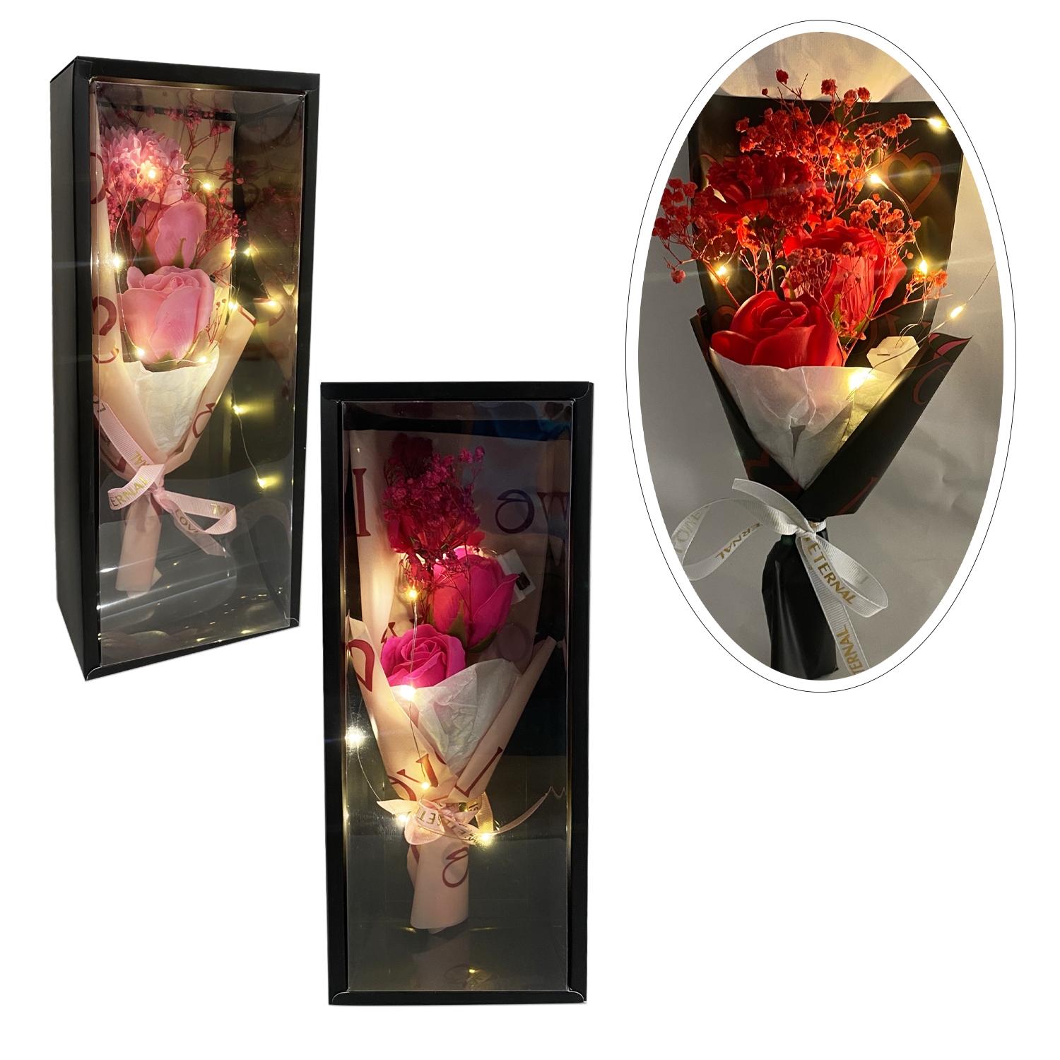 RAMO ROSAS CON LUZ EN CAJA: