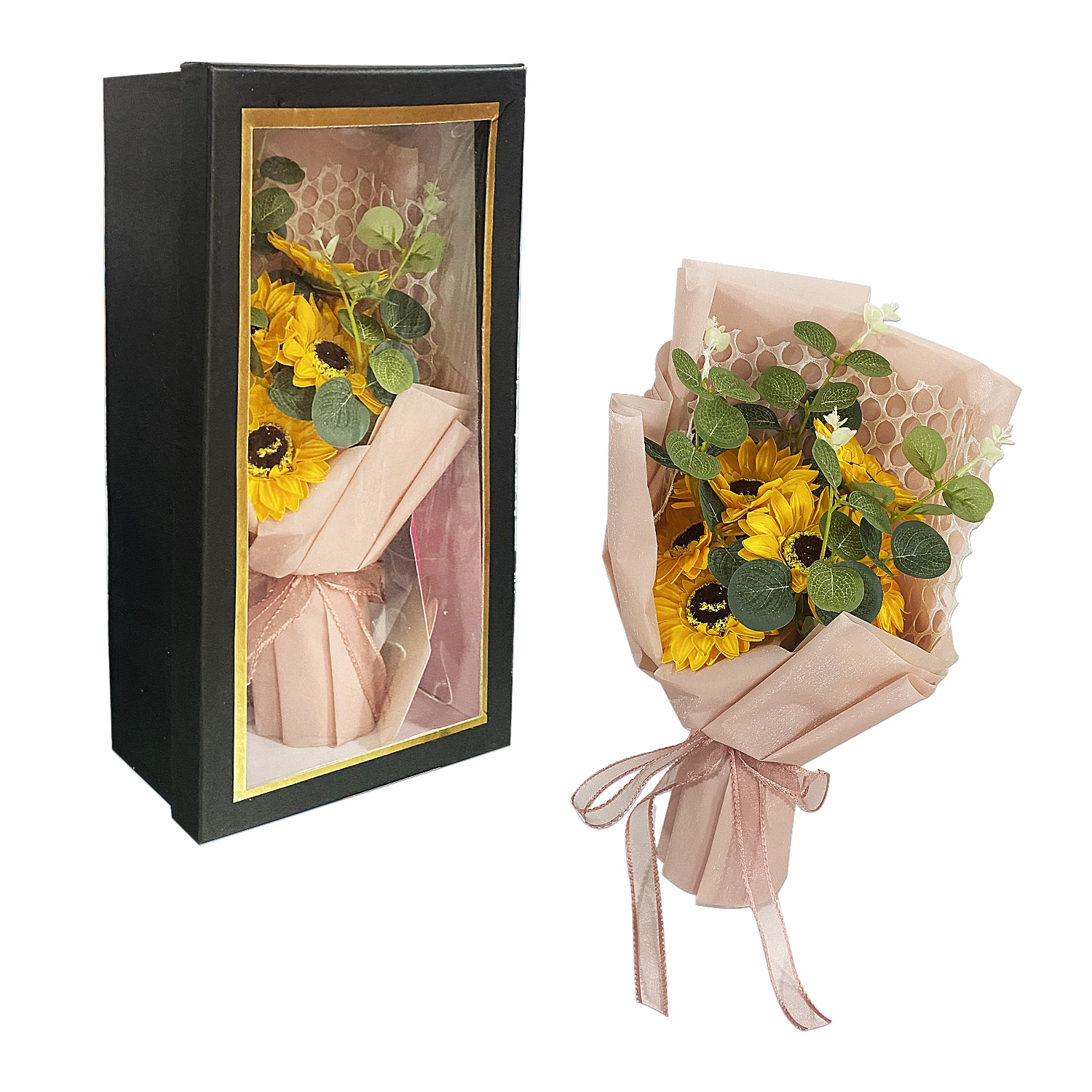 RAMO GIRASOLES FELIZ DIA EN CAJA: