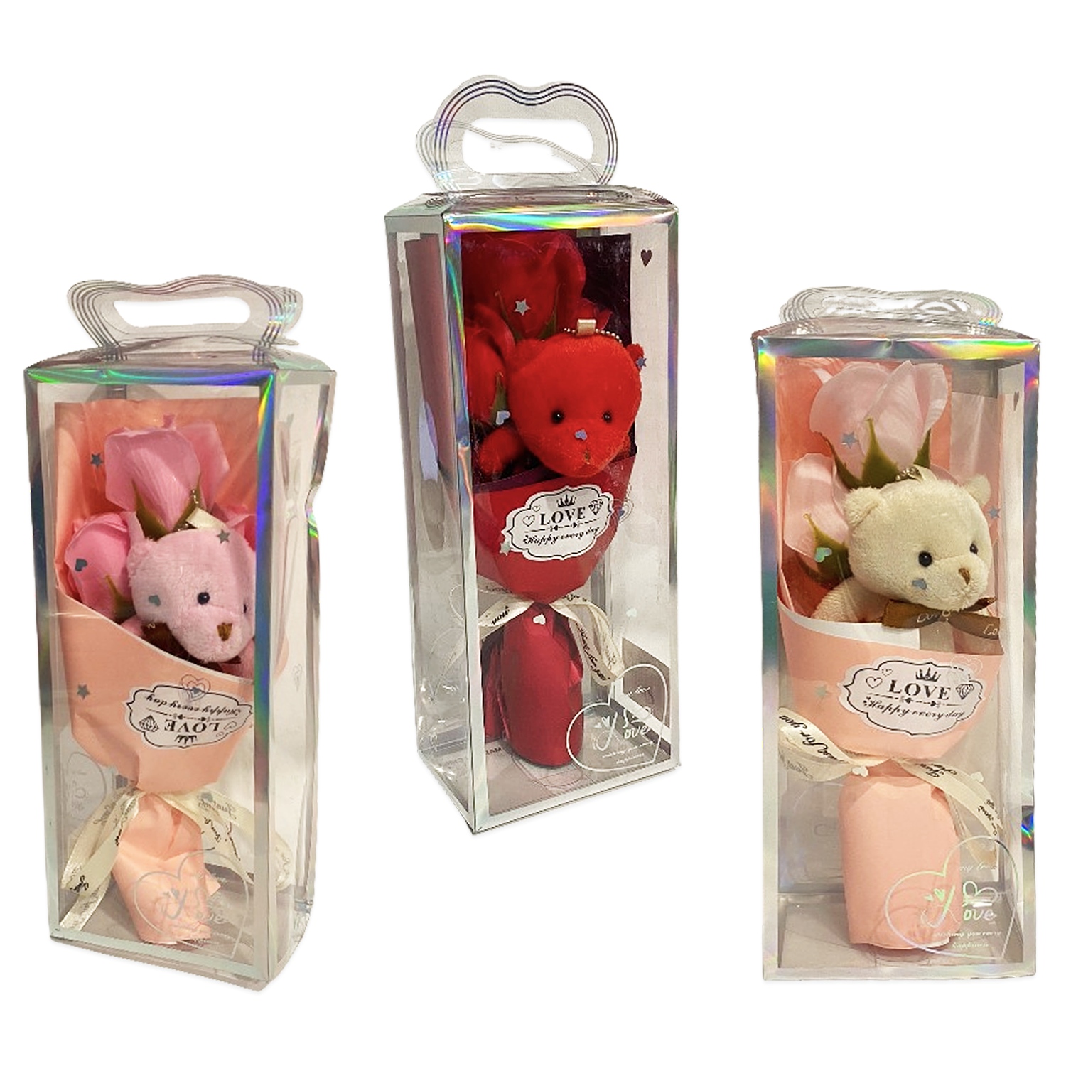RAMO ROSAS CON OSO PELUCHE EN ACETATO (CJX10):