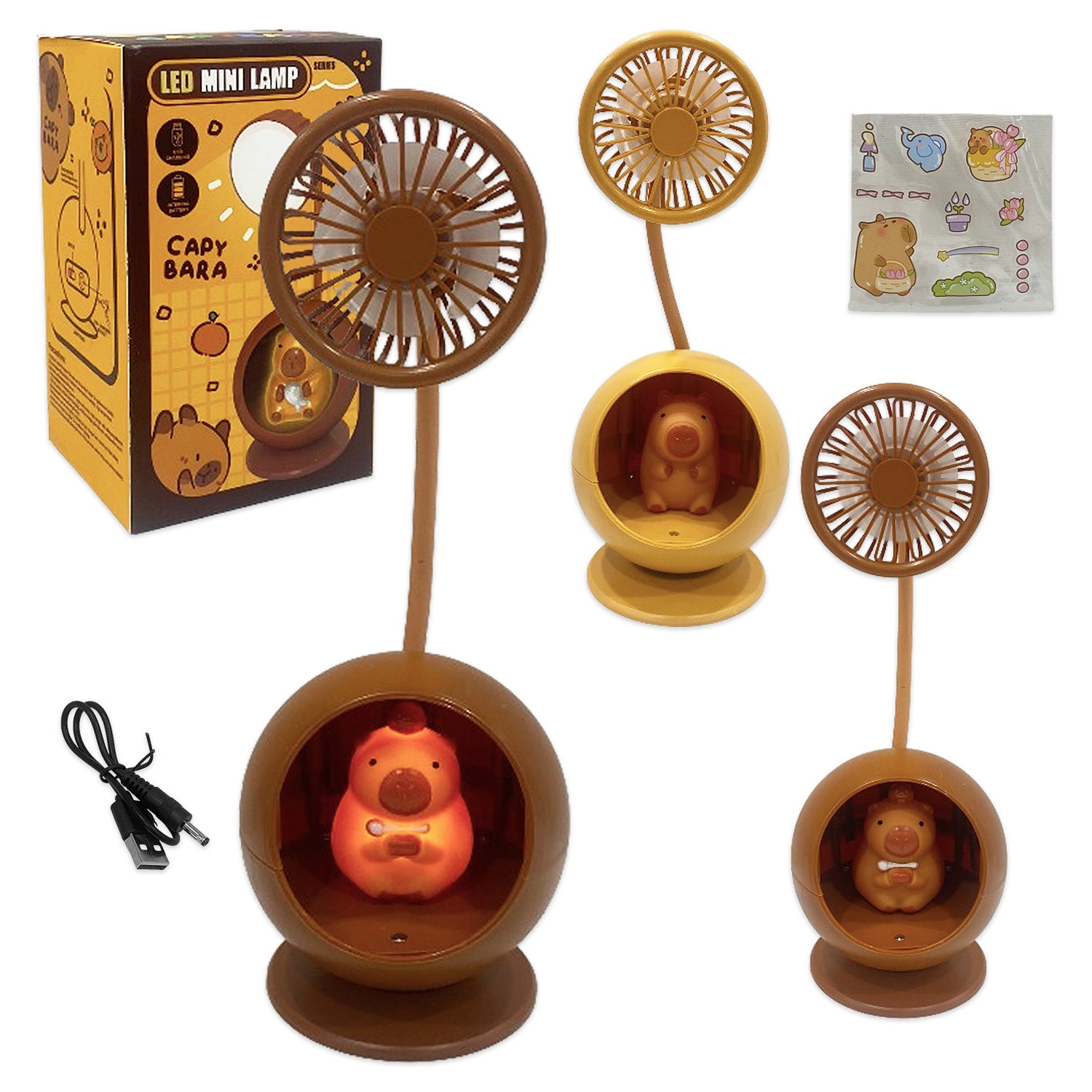 LAMPARA VENTILADOR CAPIBARA CON STICKERS RECARGABLE