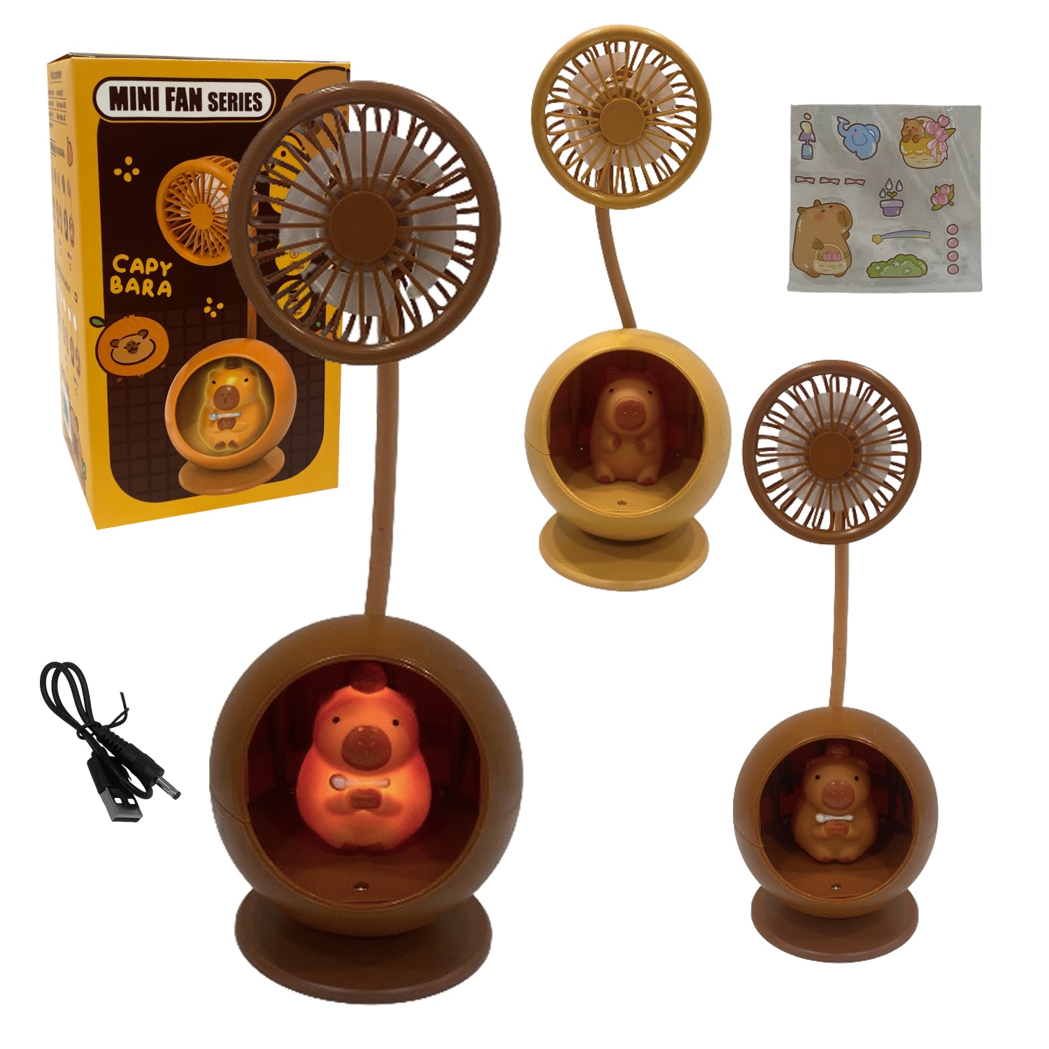 LAMPARA VENTILADOR CAPIBARA CON STICKERS RECARGABLE