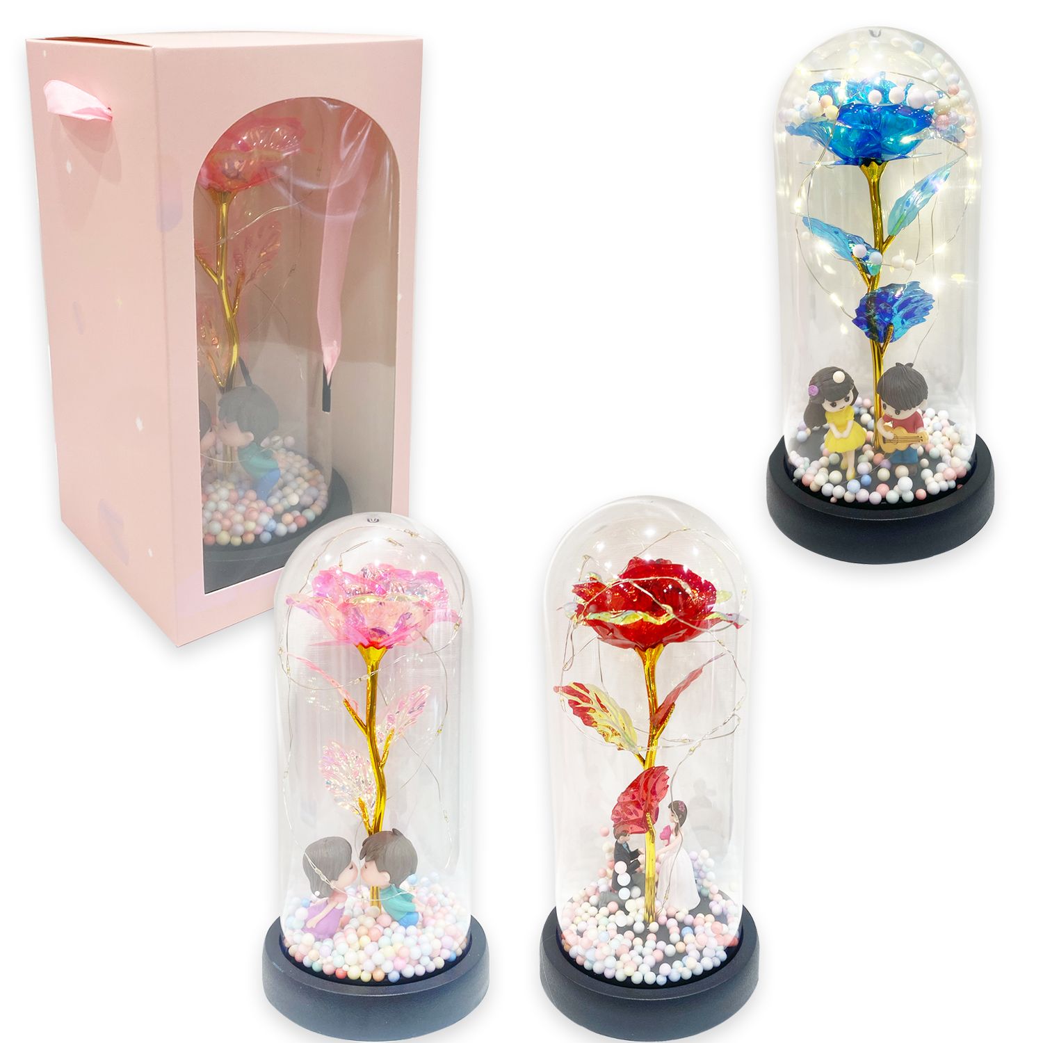 ROSA BRILLANTE ENCAPSULADA CON NOVIOS Y LUZ: