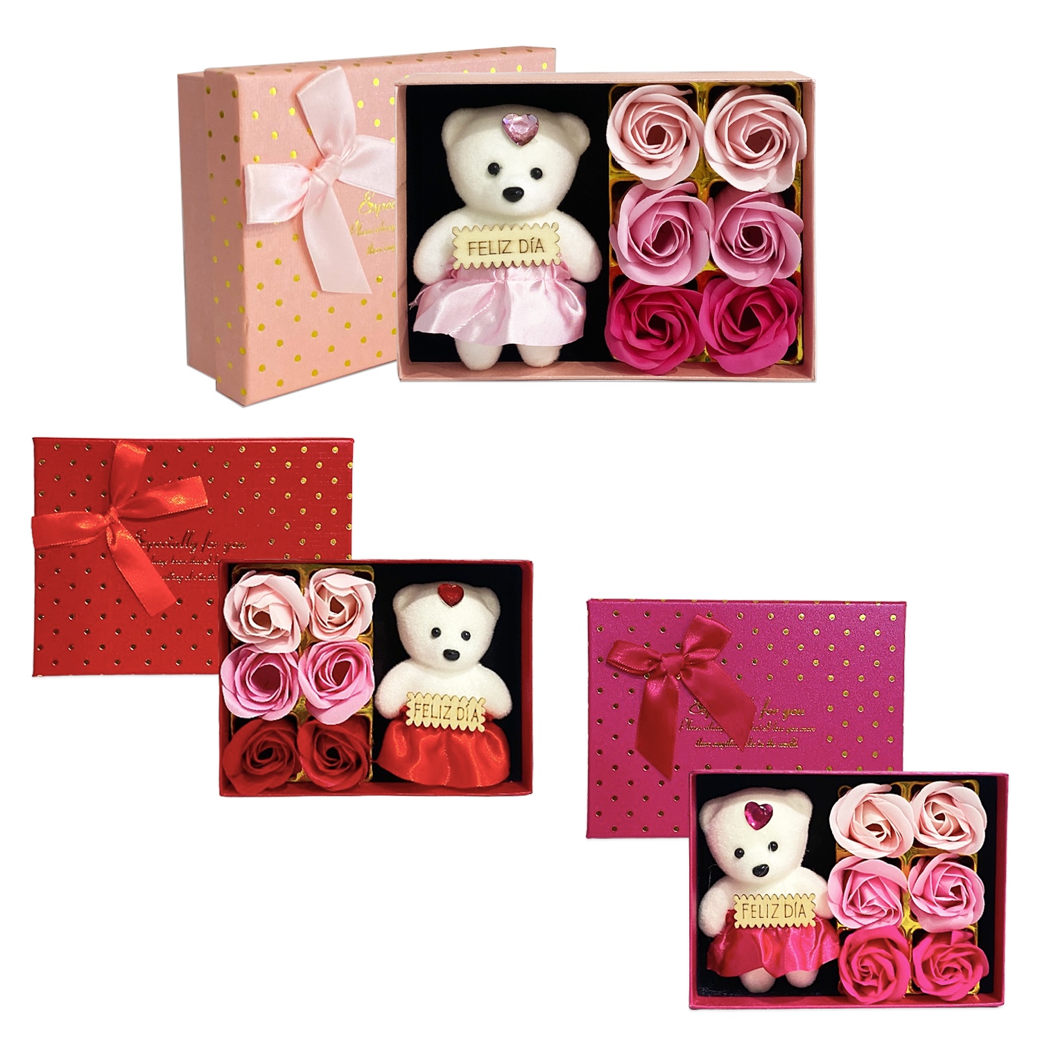 ROSAS CON OSO FELIZ DIA EN CAJA: