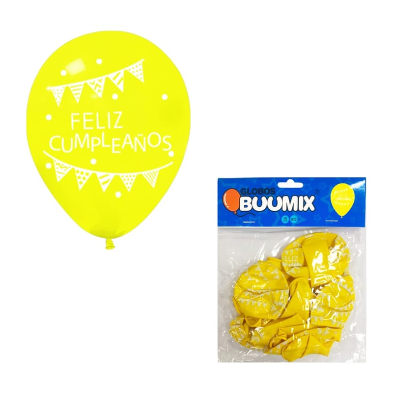 GLOBO DE LATEX FELIZ CUMPLEAÑOS BANDERIN R12X10 AMARILLO (PQTX12)