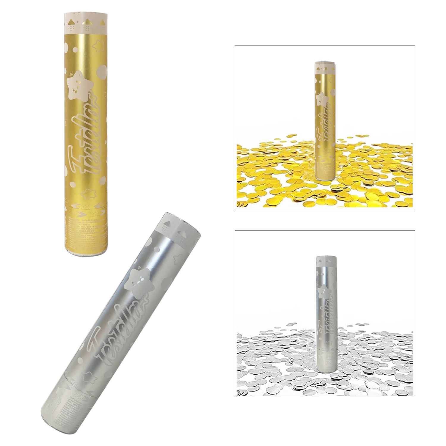 LANZA CONFETI METALIZADO DORADO Y PLATEADO 30CM