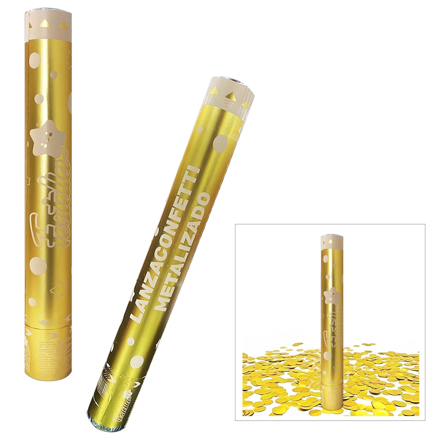 LANZA CONFETI METALIZADO DORADO 40CM
