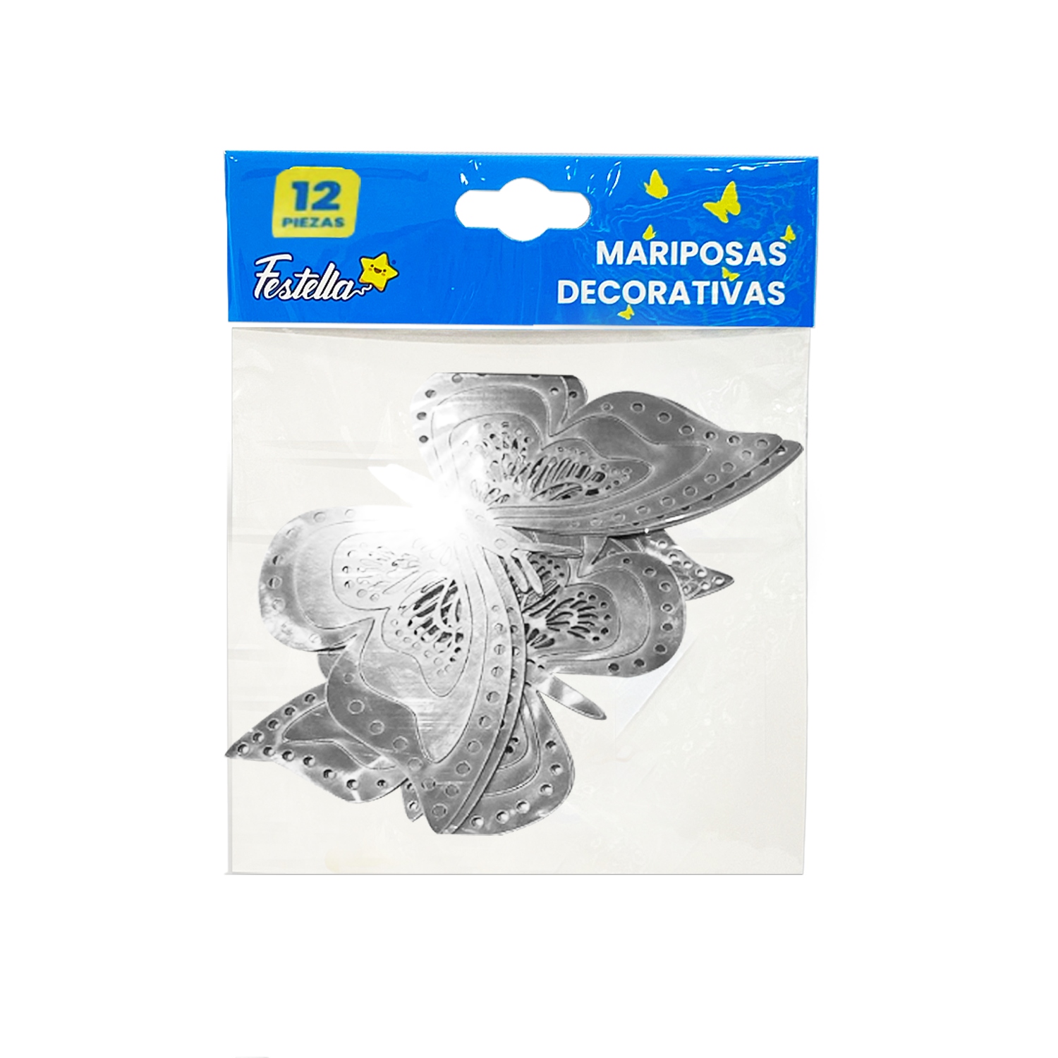 MARIPOSA DECORATIVA PLATEADA X12 (PQTX12)