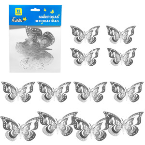 MARIPOSA DECORATIVA PLATEADA X12 (PQTX12)