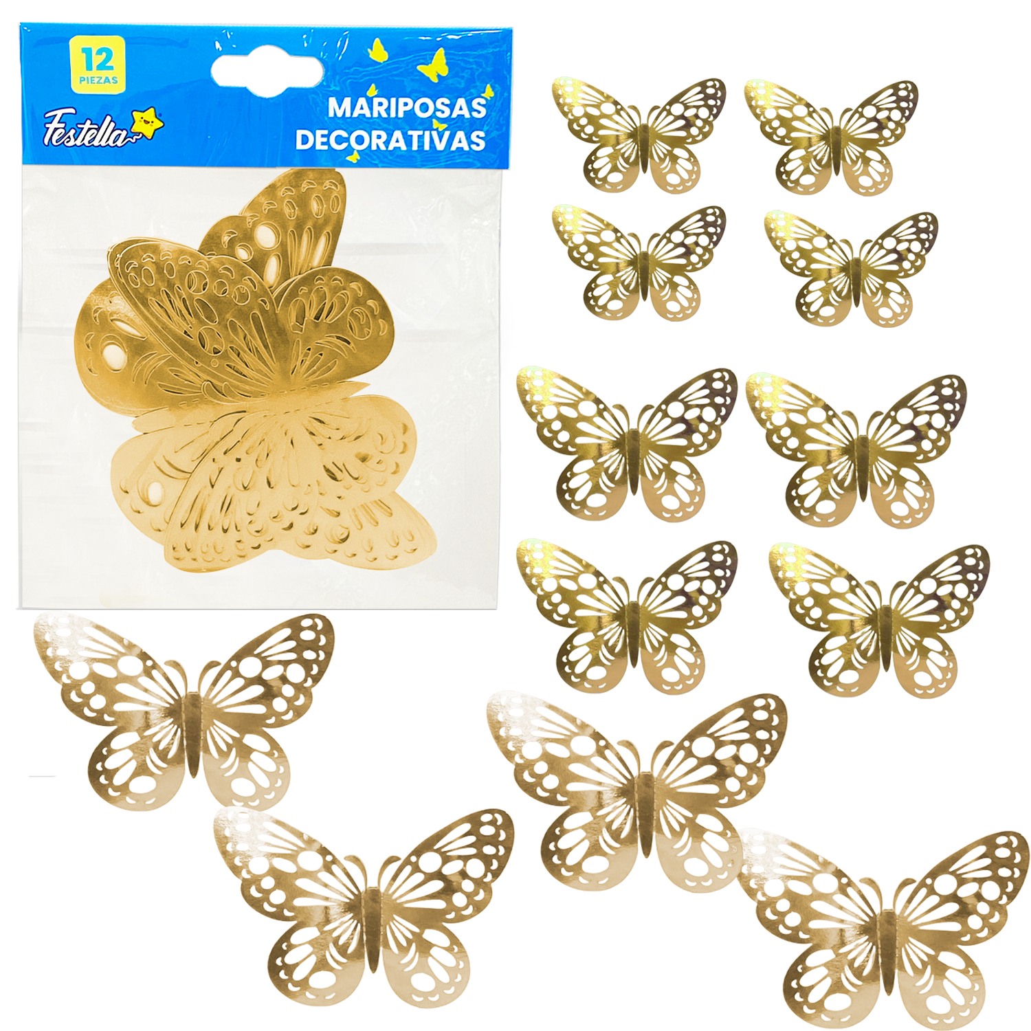 MARIPOSA DECORATIVA DORADA X12 (PQTX12)