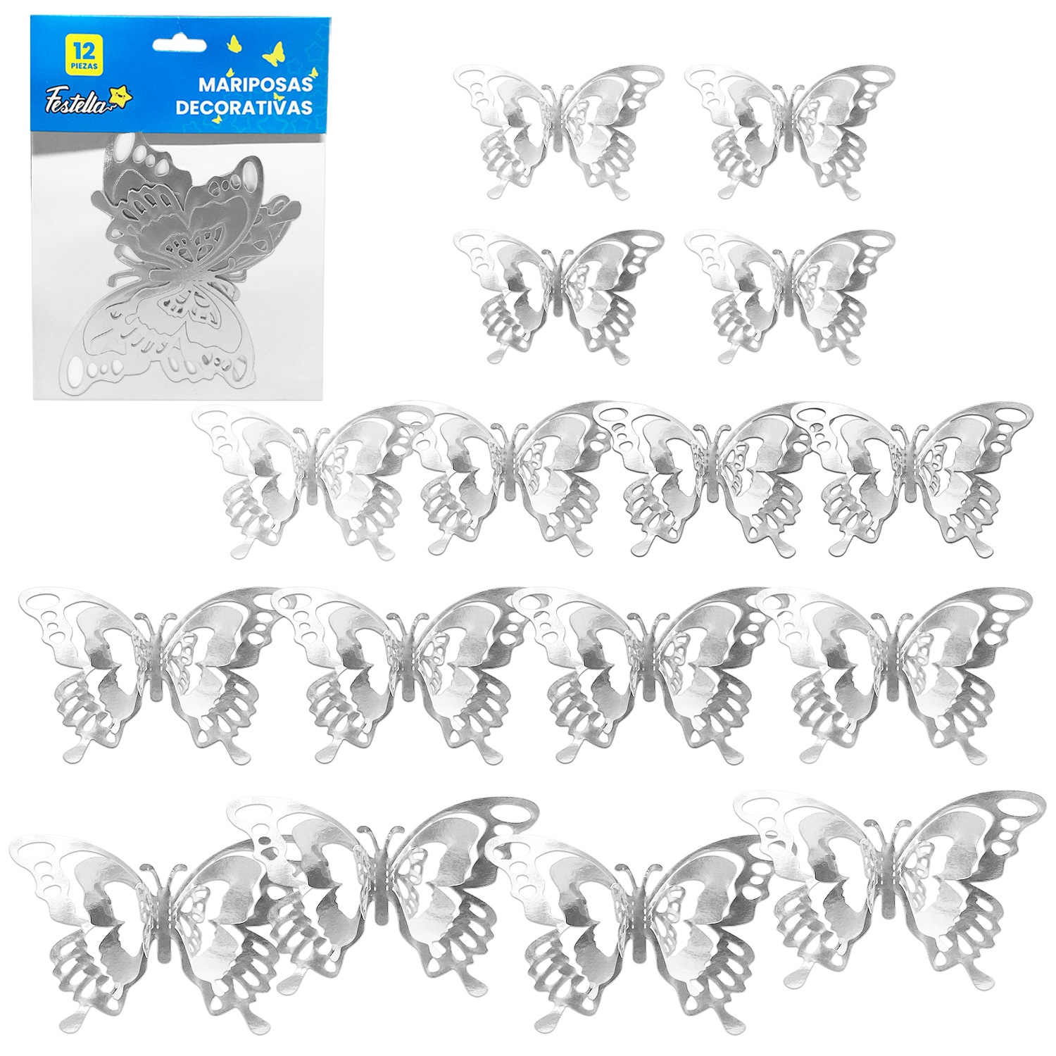MARIPOSA DECORATIVA PLATEADA X12 (PQTX12)
