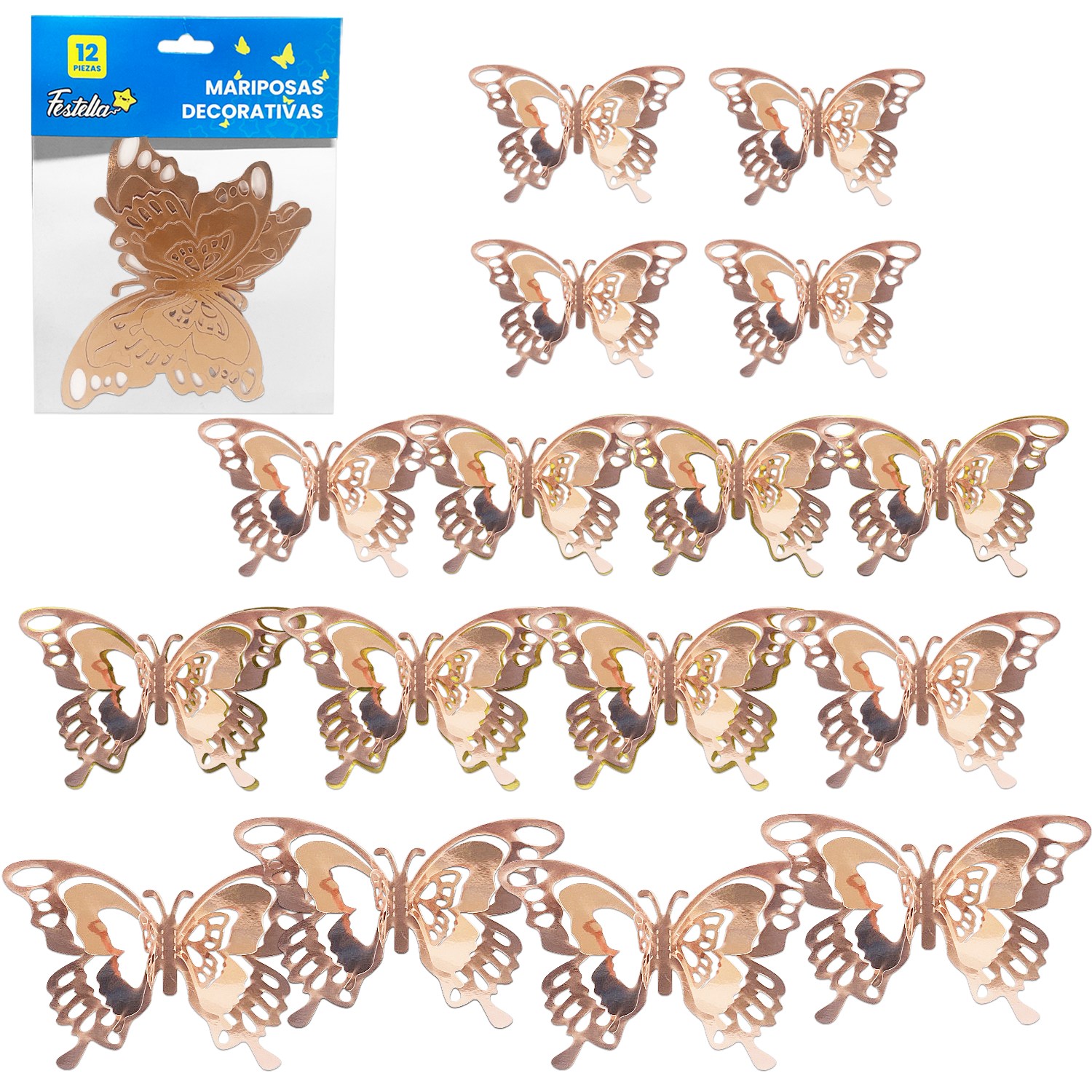 MARIPOSA DECORATIVA PALO ROSA X12 (PQTX12)