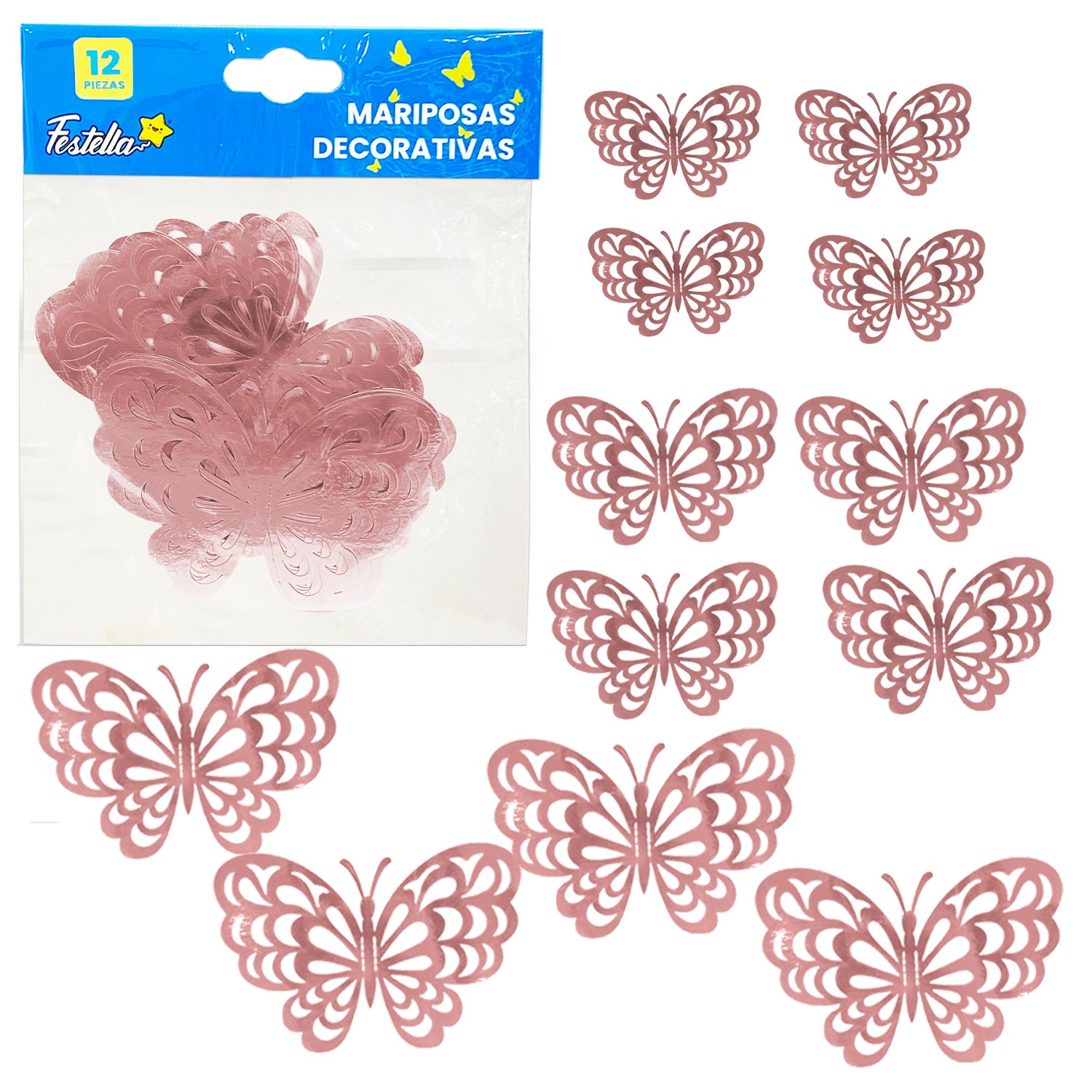 MARIPOSA DECORATIVA PALO ROSA X12 (PQTX12)