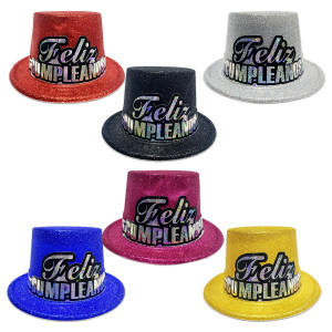 SOMBRERO FIESTA ESCARCHADO FELIZ CUMPLEAÑOS COLORES (PQTX12)