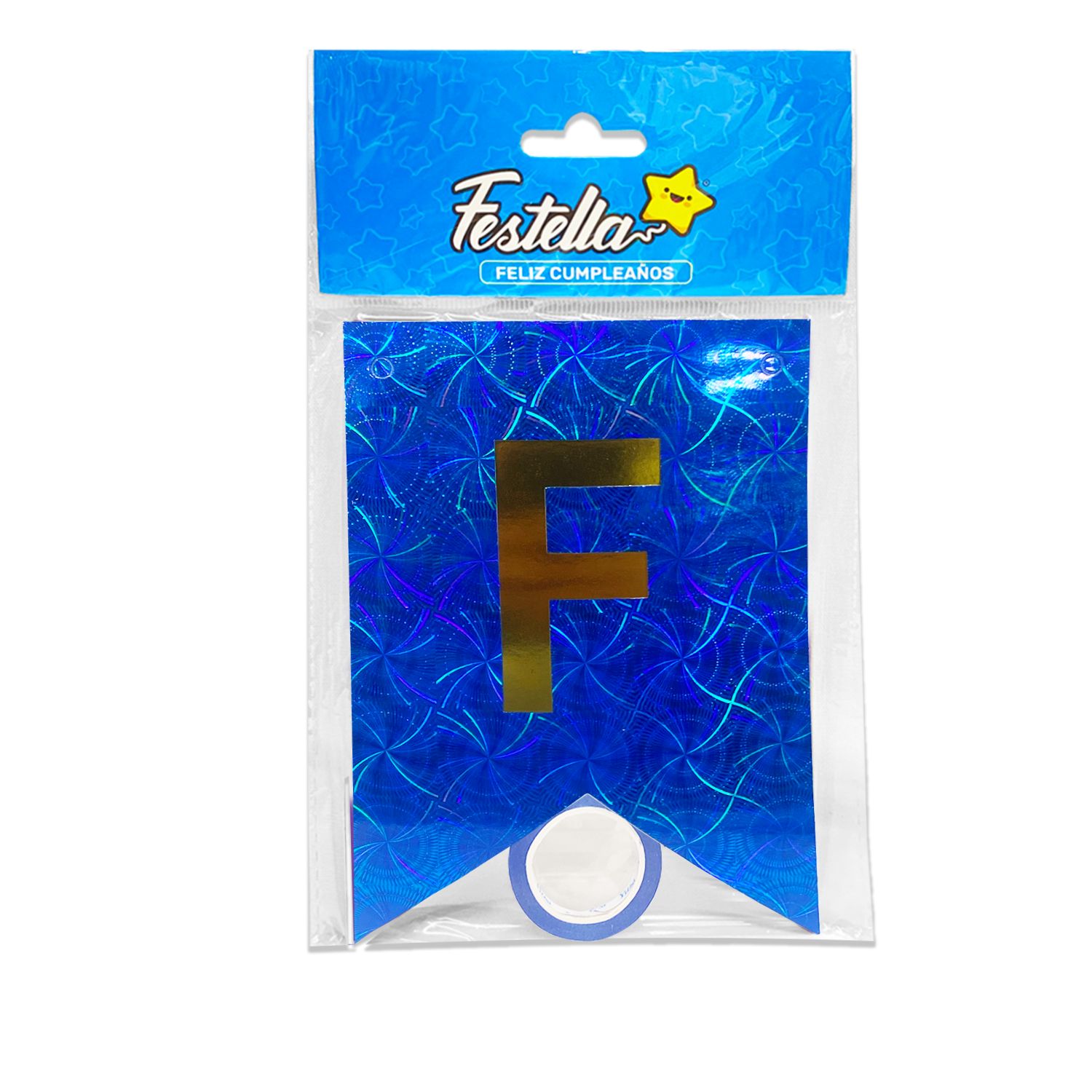 BANDERIN FELIZ CUMPLEAÑOS HOLOGRAMA AZUL (PQTX12)