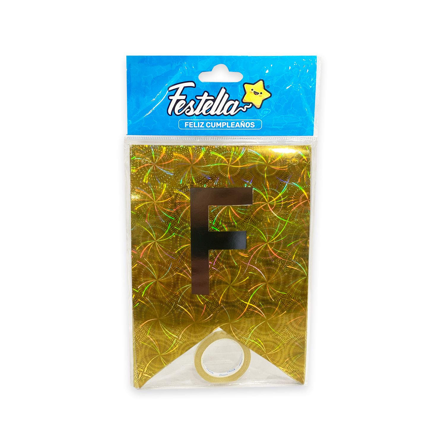 BANDERIN FELIZ CUMPLEAÑOS HOLOGRAMA DORADO (PQTX12)