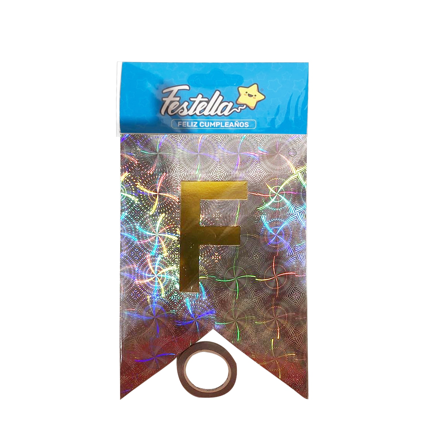 BANDERIN FELIZ CUMPLEAÑOS HOLOGRAMA PLATEADO (PQTX12)