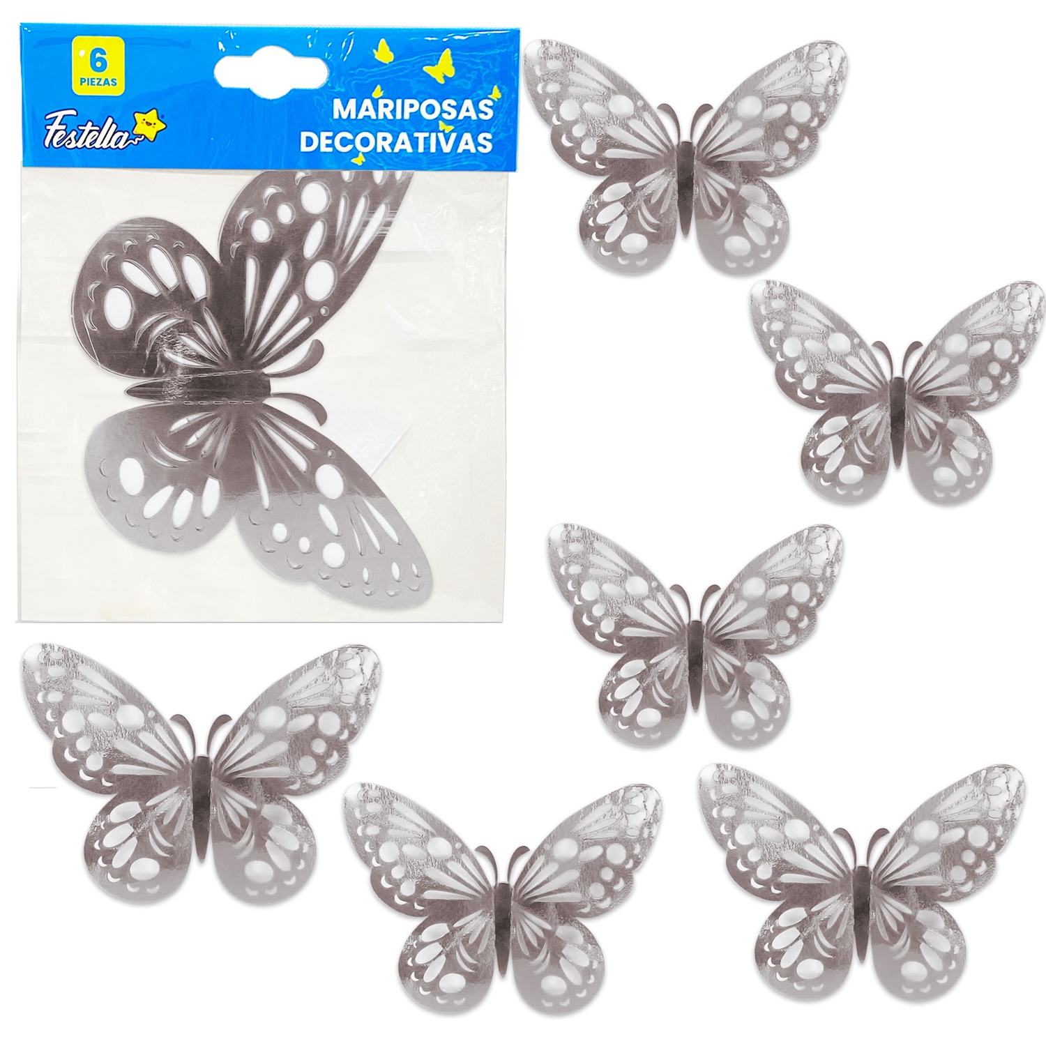 MARIPOSA DECORATIVA PLATEADA X6 (PQTX12)