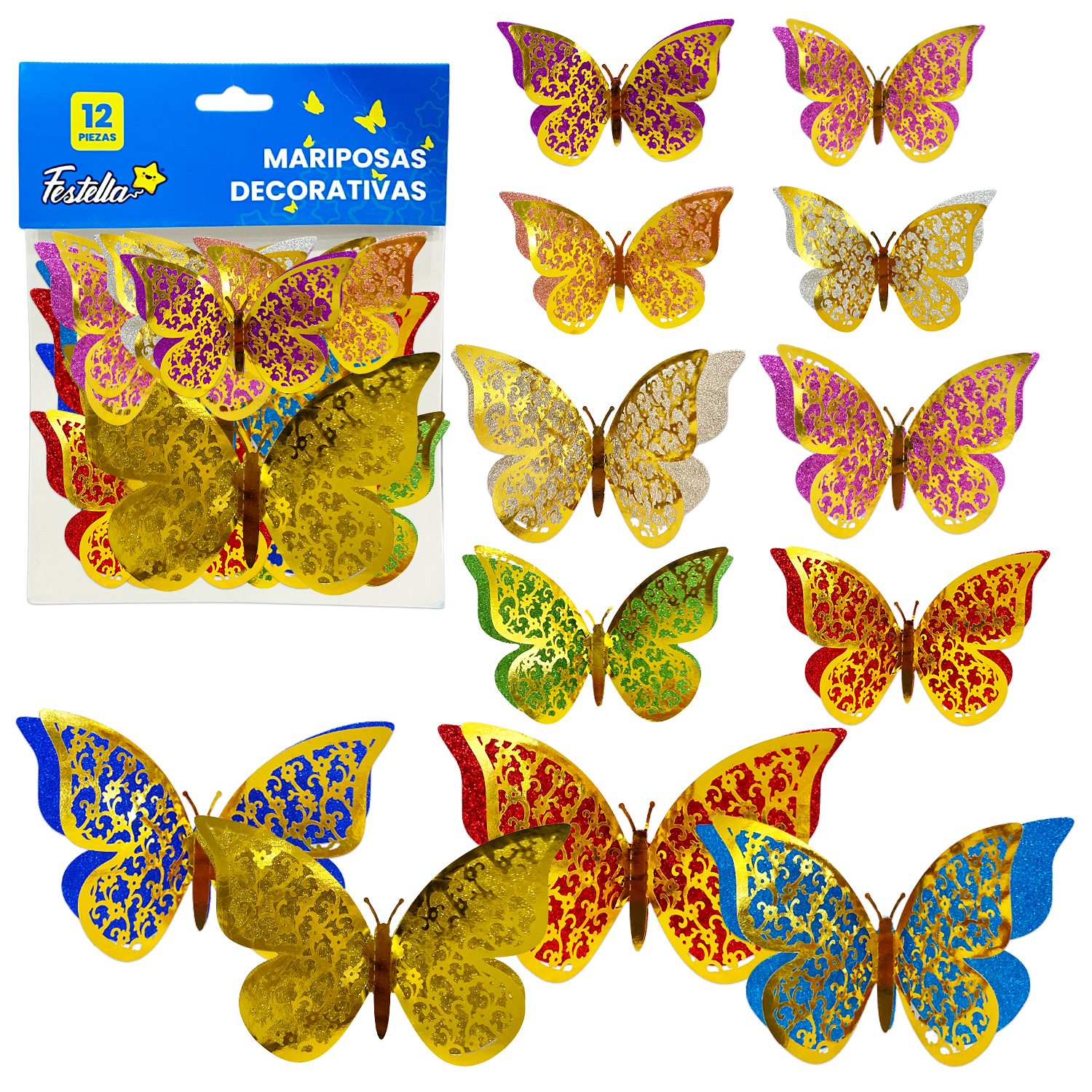 MARIPOSA DECORATIVA BRILLANTE DORADA X12 (PQTX12)