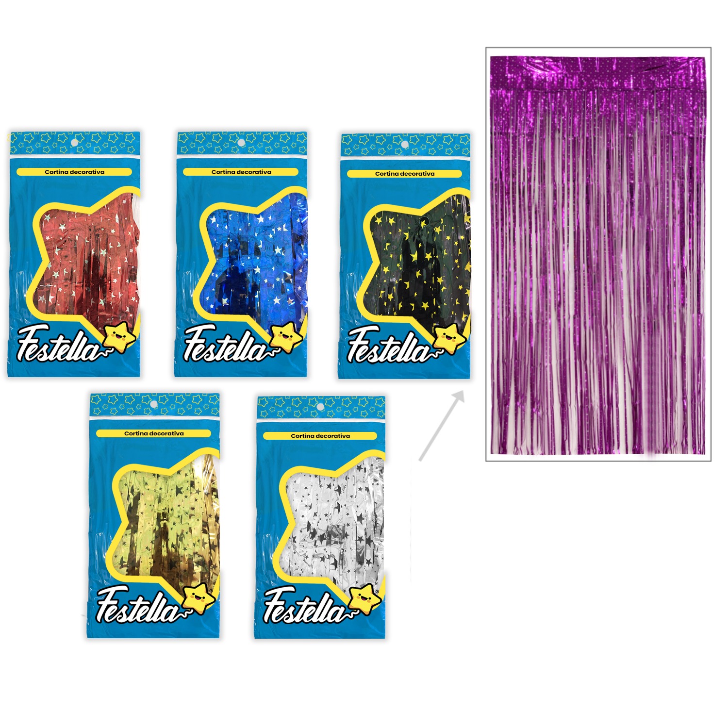 CORTINA DE FIESTA ESTAMPADA ESTRELLA SURTIDA 1*2M (PQTX12)