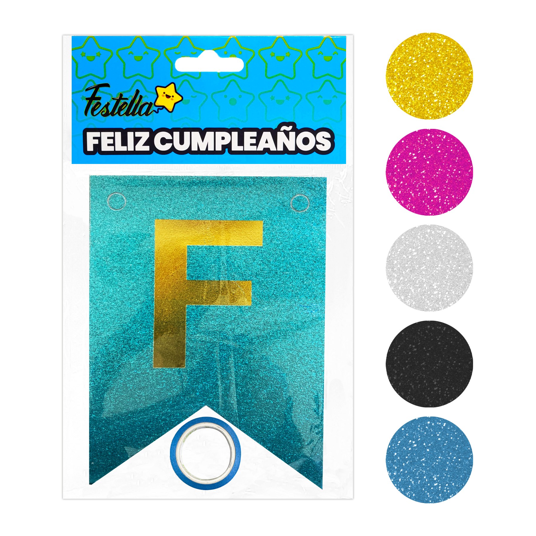 BANDERIN FELIZ CUMPLEAÑOS ESCARCHADO DORADO (PQTX12)