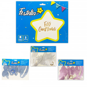 LETRERO FELIZ CUMPLEAÑOS ESCARCHADO SURTIDO (PQTX12)