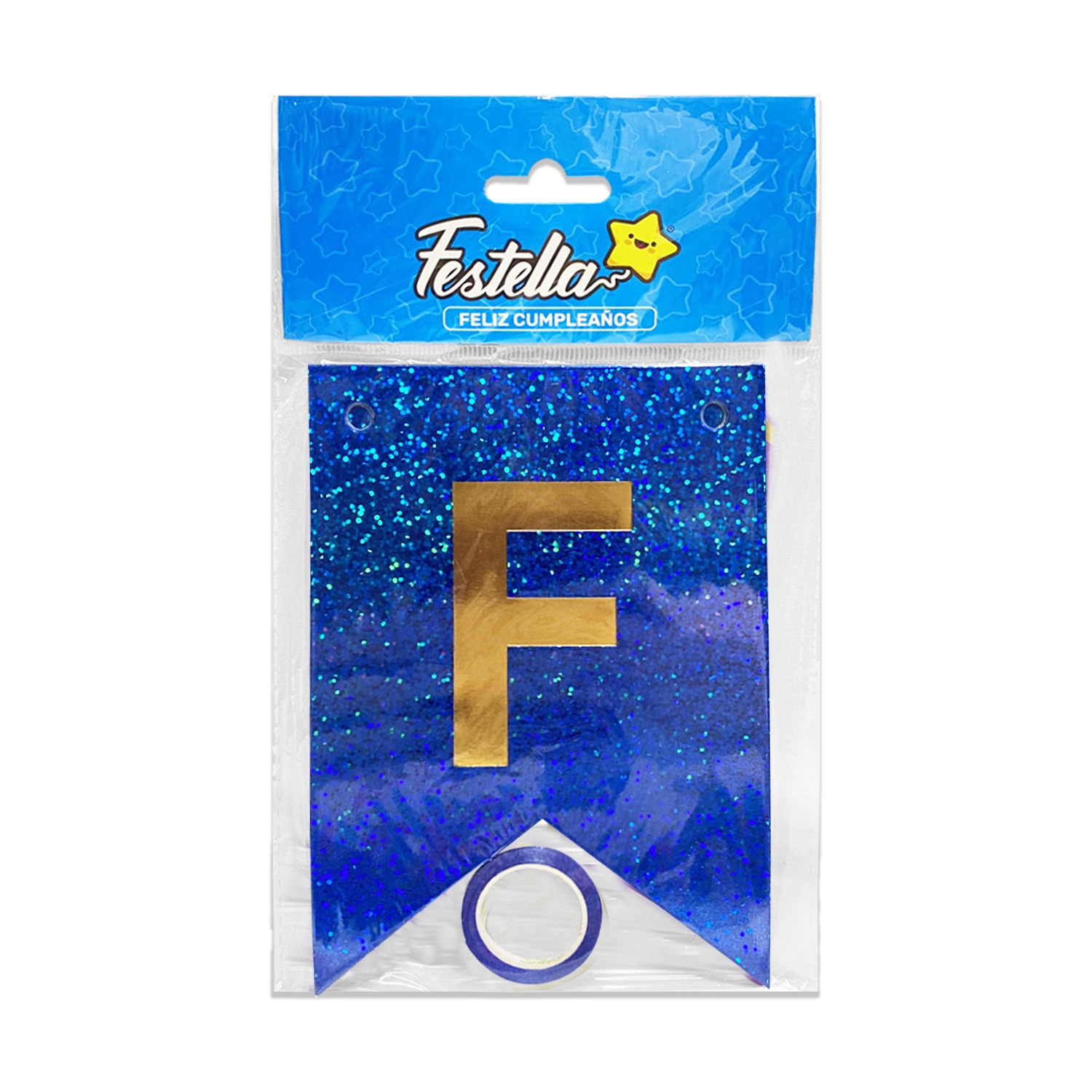 BANDERIN FELIZ CUMPLEAÑOS HOLOGRAMA AZUL (PQTX12)
