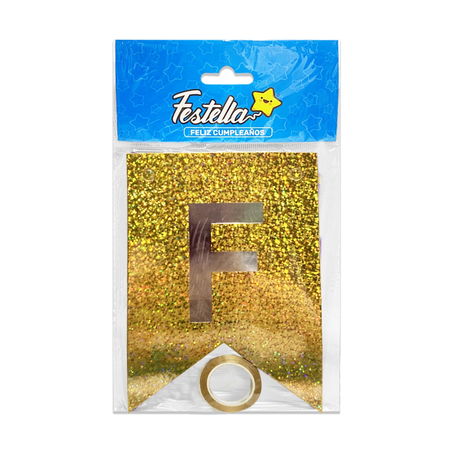 BANDERIN FELIZ CUMPLEAÑOS HOLOGRAMA DORADO (PQTX12)